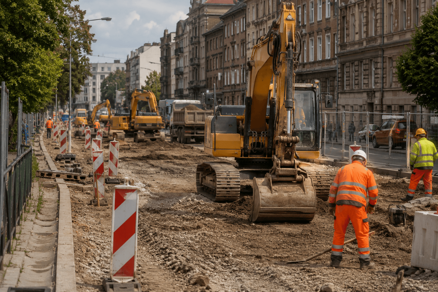 Prace drogowe na miejskiej ulicy z barierkami